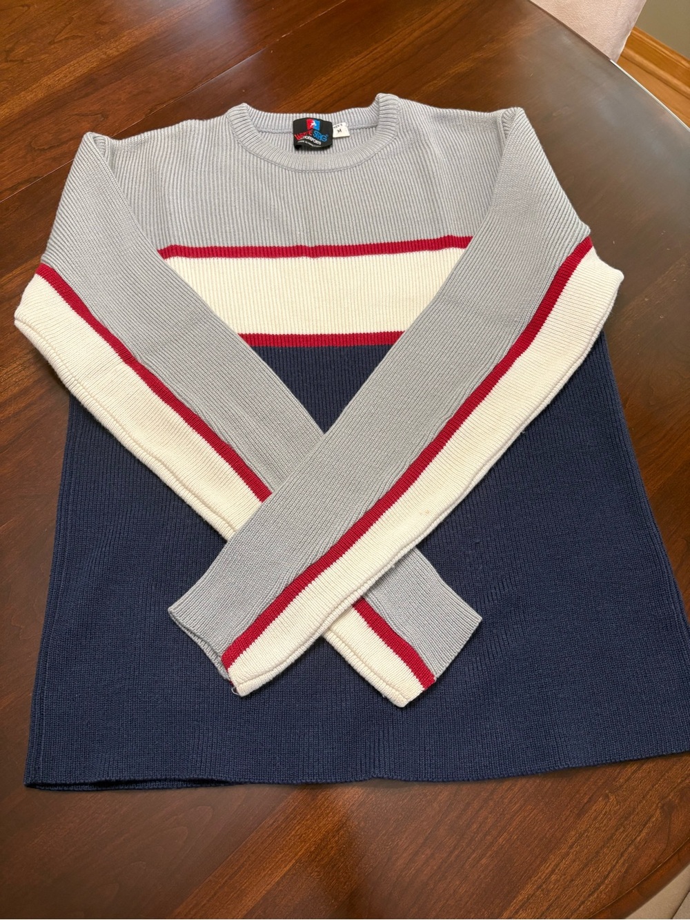 White Stag Grey, Navy, White & Red Stripe Wool Ski Sweater